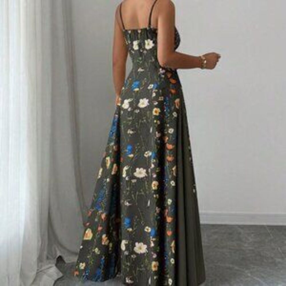 Army Green Boho Women's Elegant Floral Sleeveless Dress - Picture 2 of 5
